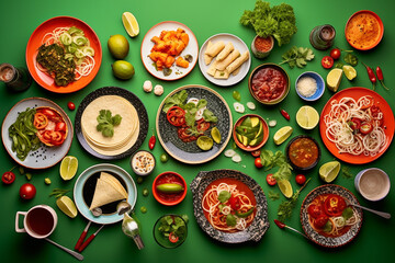 An international feast from above, a unifying spread of sushi, pasta, and tacos on a vibrant tablecloth