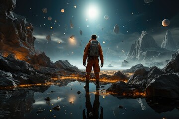 Astronaut staring at a distant planet against a cosmic backdrop. Generative AI