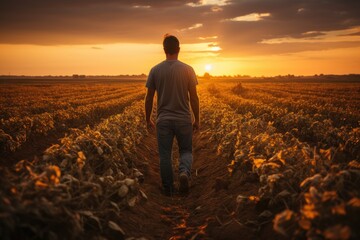 Fototapeta premium Farmer standing in a vast crop field under golden sunlight. Generative AI