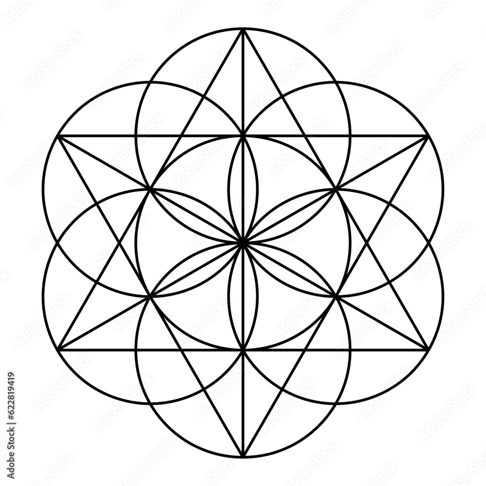 Poster seed of life, seven overlapping circles, form the basic shape to create a hexagram (sexagram), an an