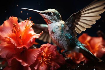 Fototapeta premium Hummingbird feeding on a vibrant hibiscus flower in a high-speed macro shot. Generative AI