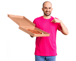Young handsome man holding delivery pizza cardboard box pointing finger to one self smiling happy and proud