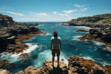Diver poised at the edge of a cliff overlooking a stunningly turquoise ocean. Generative AI