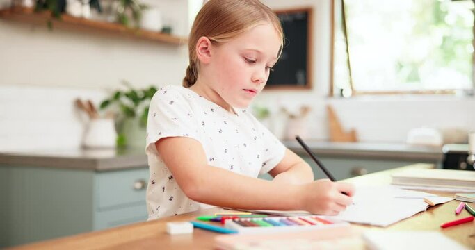 Learning, art and practice with girl with pencil at family house for education with notebook or sketch. Creative, child and drawing for development on kitchen table with knowledge for school at home.