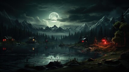 Fototapeta na wymiar a night scene with a full moon and a mountain lake. generative ai