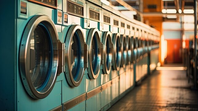 A row of industrial washing machines in a laundry room. Created with Generative Ai technology.