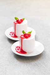 Red currant cream jelly pudding, Panna Cotta cylindrical shape, with red currant topping. On a plate. Light gray background. Close-up