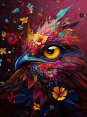 Colorful Bird Portrait with flowers and dark beackground