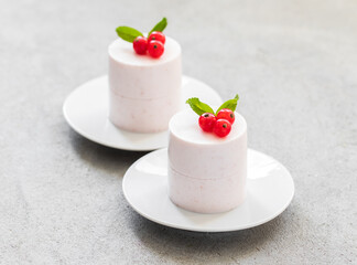 Vanilla Red currant cream pudding, Panna Cotta cylindrical shape. On a plate. Light gray background. Close-up