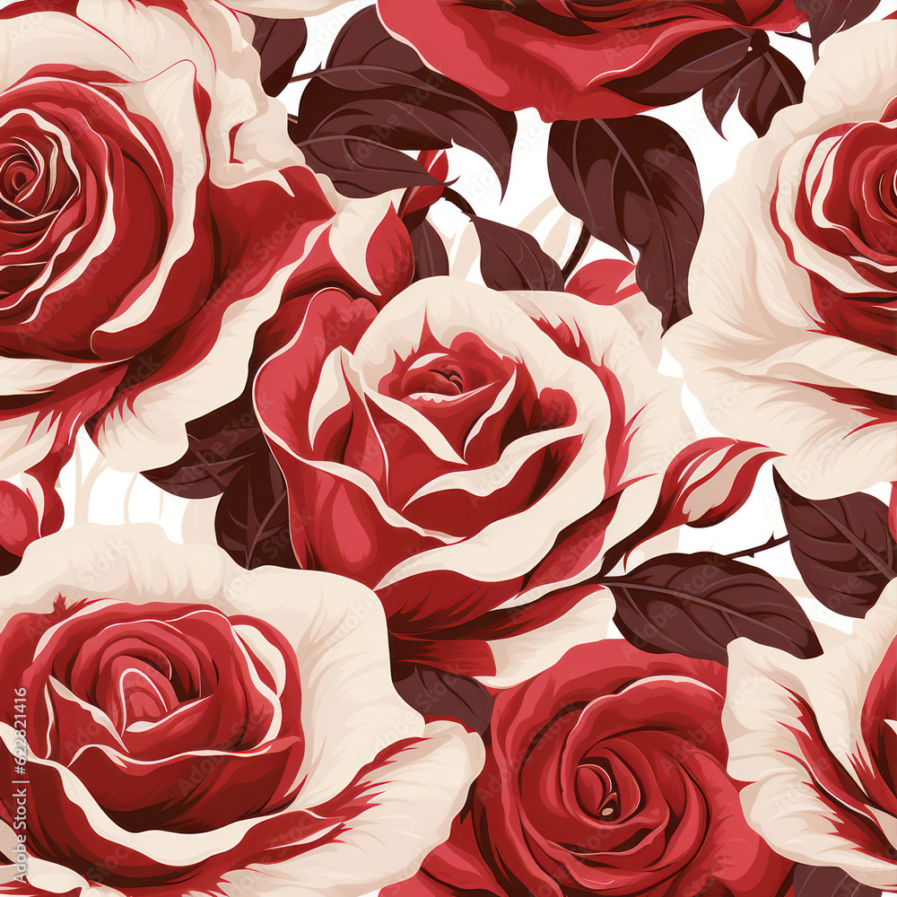 Poster seamless pattern with red and white roses. generative ai