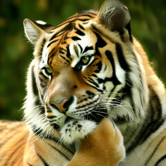 Fototapeta premium Tiger portrait with a pondering pose, thinking and considering