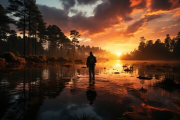 Fototapeta premium Silhouette of a fisherman at dusk standing at the edge of a lake. Generative AI