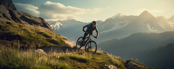 cyclist riding mountain bike. wide banner or panorama photo