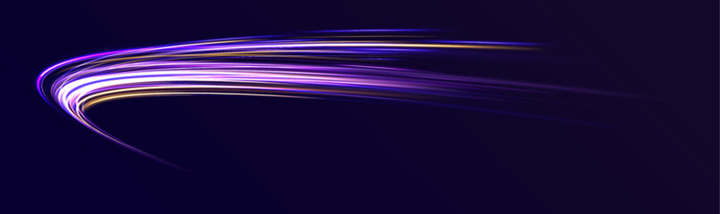 Neon color glowing lines background, high-speed light trails effect. Image of speed motion on the road. Abstract background in blue and purple neon glow colors. Speed of light in galaxy. 