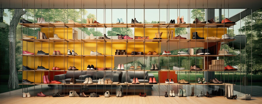 shoe shelves in modern house. wide banner