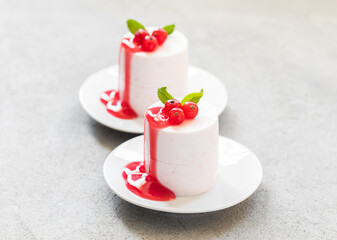 Vegan dessert. Red currant cream pudding Panna Cotta cylindrical shape, with red currant sauce. On a plate. Light gray background. Close-up
