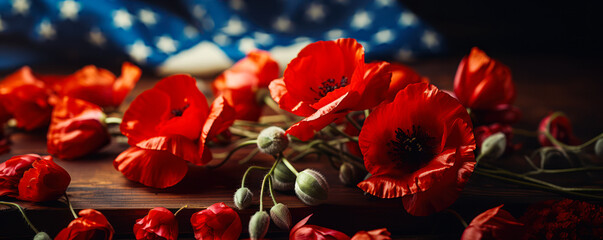 Patriotic Floral Display: Red Poppies and USA Flag, Great for Fourth of July or Remembrance Day Celebrations