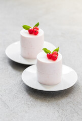 Vegan dessert. Red currant Panna Cotta cylindrical shape, on a plate. Light gray background. Close-up