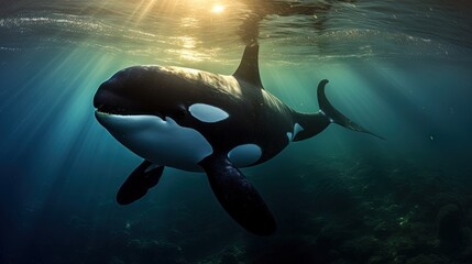  an orca whale swims under the water's surface.  generative ai - obrazy, fototapety, plakaty