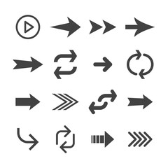 Arrow icon set. Collection of different arrows. Black vector pictogram.