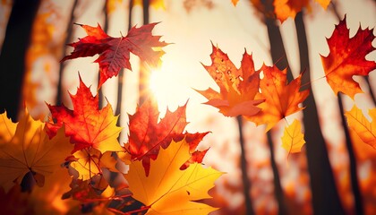 Background of maple leaves flying with a defocused background, Generative AI