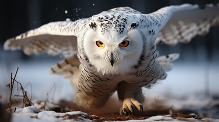  a snowy owl with yellow eyes is in the snow with its wings spread.  generative ai