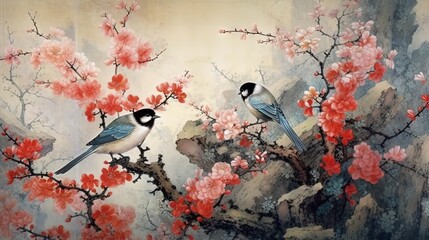  a painting of two birds sitting on a branch with red flowers.  generative ai