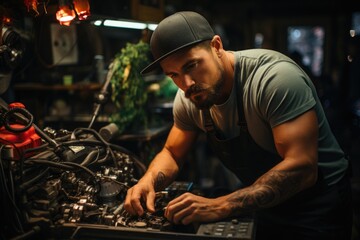 Mechanic looking under the hood of a classic car in an authentic garage setting. Generative AI