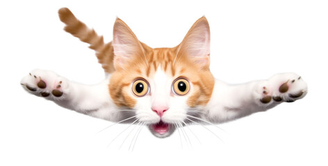 Portrait of a funny surprised cat, closeup. Cute cat in jump, isolated on transparent background,...