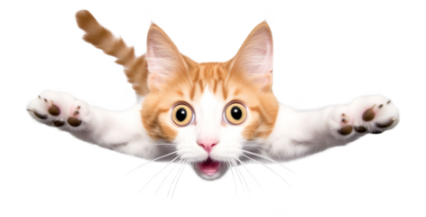Portrait of a funny surprised cat, closeup. Cute cat in jump, isolated on transparent background, png	