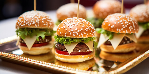 Mini burgers on the plate.  Small burgers with meat, salads cheese and tomatoes on plate during...