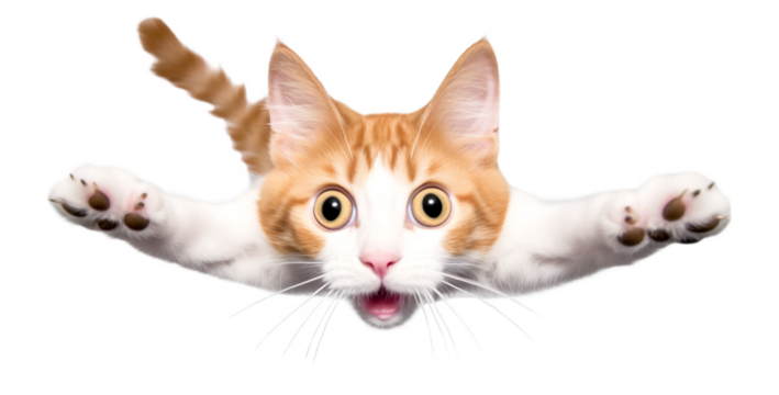 Portrait of a funny surprised cat, closeup. Cute cat in jump, isolated on transparent background, png	
