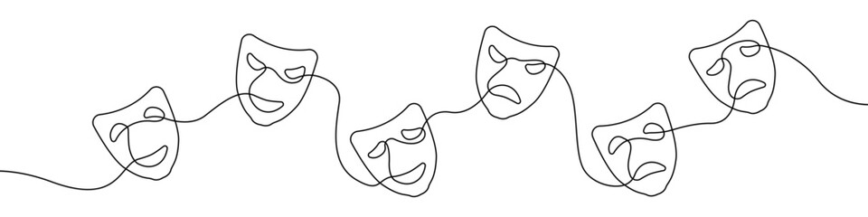 Theater mask emotion vector linear icon. Masquerade tragedy and humor one line in one line vector. Linear outline design of Set of Theater face mask. Vector illustration.
