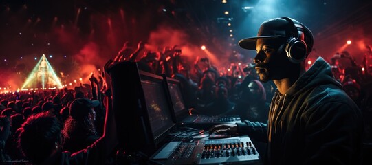 DJ engaging an energetic crowd in a dynamic concert atmosphere. Generative AI