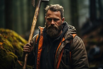 Obraz premium Lumberjack in a dense forest holding an axe. Generative AI