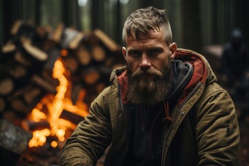 Obraz premium Lumberjack in a dense forest holding an axe. Generative AI