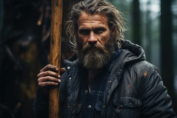 Obraz premium Lumberjack in a dense forest holding an axe. Generative AI