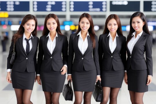 a group of women in uniforms standing in a line in an airport lobby with a departure chart in the background. Business and traveling concept. Generative AI