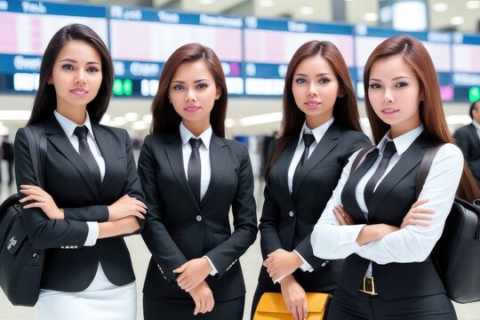 Portrait of Asian flight attendants in uniform standing arms crossed with confidence in airport terminal. Close up of attractive young female stewardess smiling and looking at camera. Generative AI
