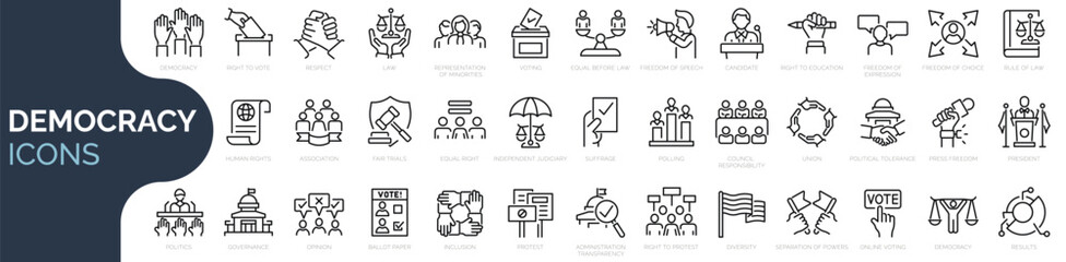 Set of 35 outline icons related democracy, politics, voting, election. Linear icon collection. Editable stroke. Vector illustration - obrazy, fototapety, plakaty