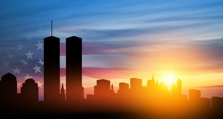 New York skyline silhouette and USA flag at sunset. American Patriot Day banner. - obrazy, fototapety, plakaty