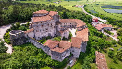 Castel Pietra surrounded by vineyards, aerial drone view - charming  medieval castles of Italy in Trento province, Trentino region - obrazy, fototapety, plakaty