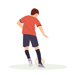 Fototapeta na wymiar Teenage boy football player, in a red sports shirt, kicks a soccer ball. Kid sportsman playing football game, dynamic practicing. Cartoon vector illustration in flat style isolated.