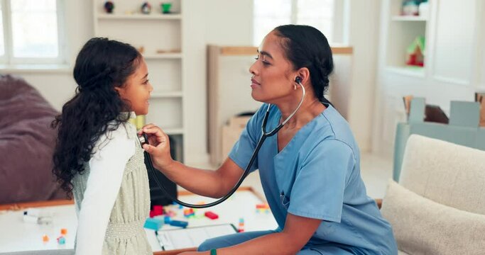 Woman, doctor and girl in a consultation, stethoscope and healthcare with appointment, results and discussion. Female person, child and medical professional with checkup, breathing and pediatrician