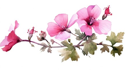 Fototapeta na wymiar a pink flower with green leaves on a white background with a white background. generative ai