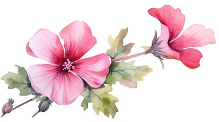  a watercolor painting of a pink flower with green leaves.  generative ai