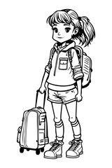 Happy Girl traveler Carrying a suitcase and Backpack coloring page. Vector illustration