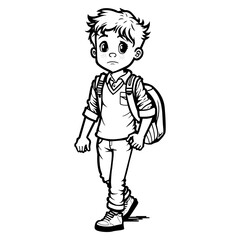 Sad Boy with backpack coloring page. Back to school concept. Vector illustration