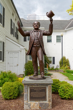 Bethel, CT - May 3, 2023: This statue of Phineas Taylor (P.T.) Barnum, by sculptor David Gesualdi, stands in front of the library. Barnum was born in Bethel, Connecticut.