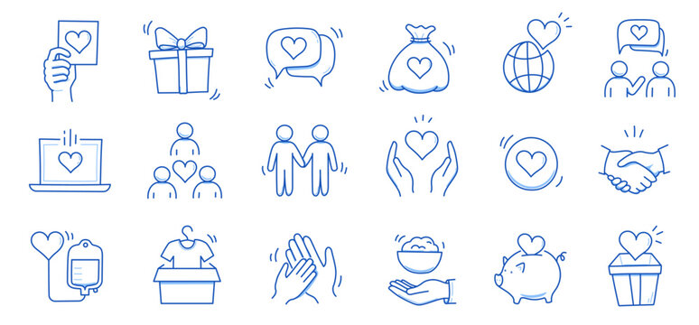 Charity hand, money, blood donation doodle line icon. Charity volunteer, support, blood donor concept icon set. Volunteer heart, donate food hand drawn doodle sketch style line. Vector illustration